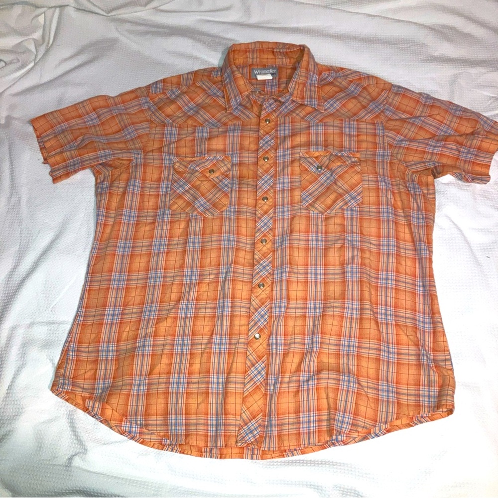 Wrangler Pearl Snap Shirt Men's XL Orange Plaid Short Sleeve Collared Western